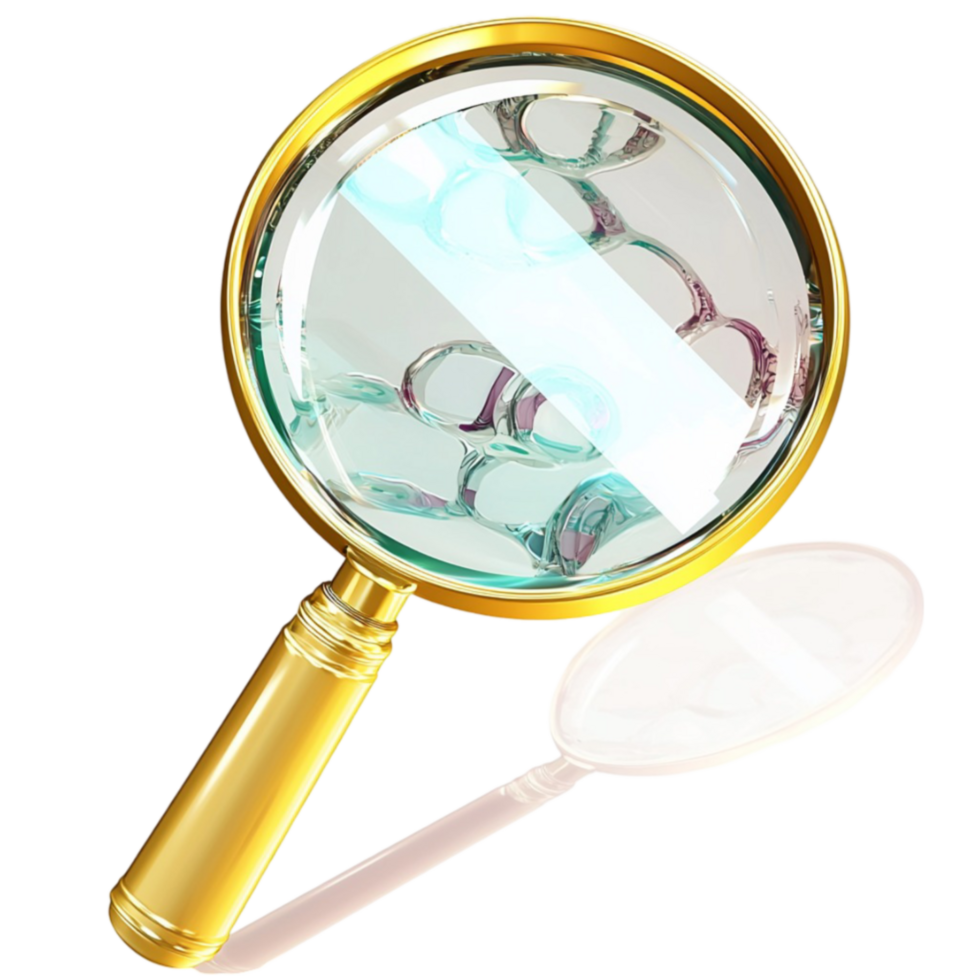 Goldrimmed magnifying glass with a reflective lens looks detailed and investigative png