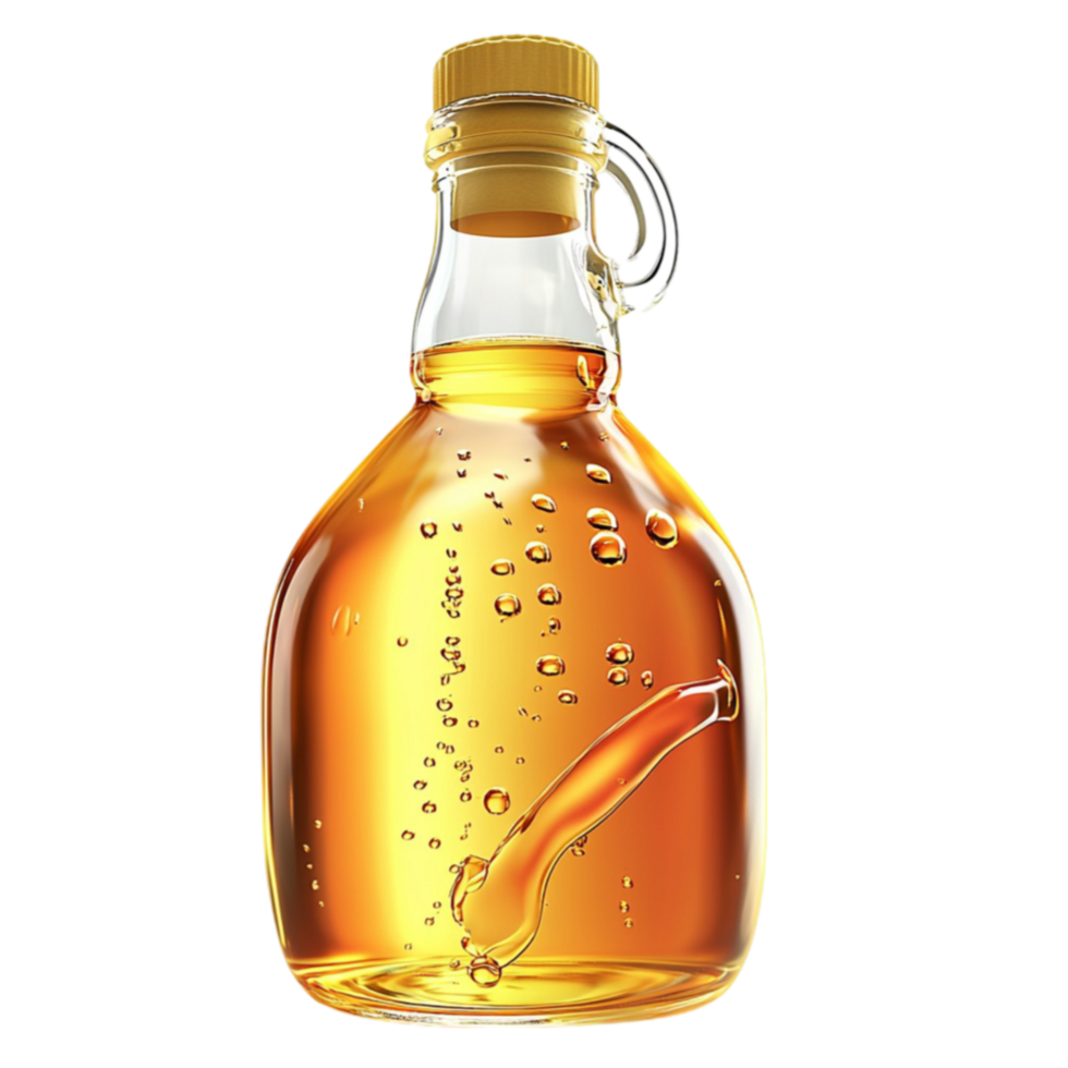 Glass bottle of golden maple syrup with a curved shape and tiny bubbles looks and sweet png