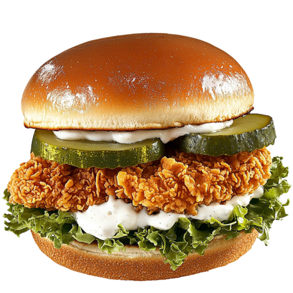 fried chicken sandwich with pickles and lettuce looks crunchy and png