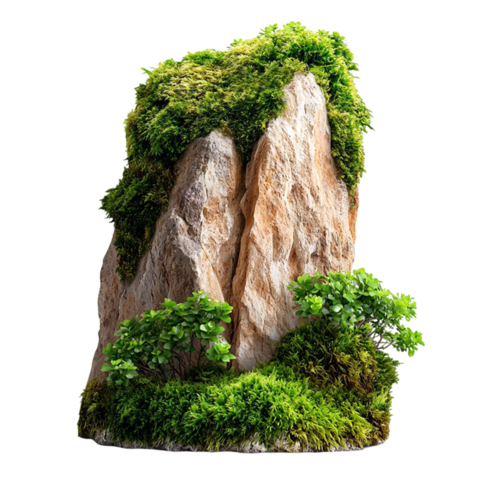 Rocky cliff covered in vibrant green moss and small plants looks rugged and lush png