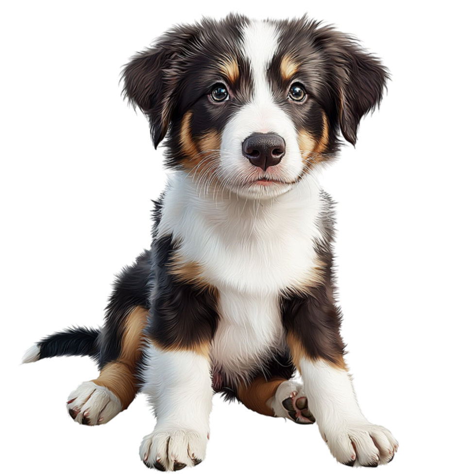 Adorable fluffy puppy with black white and brown fur sitting with a curious expression looks playful and cute png