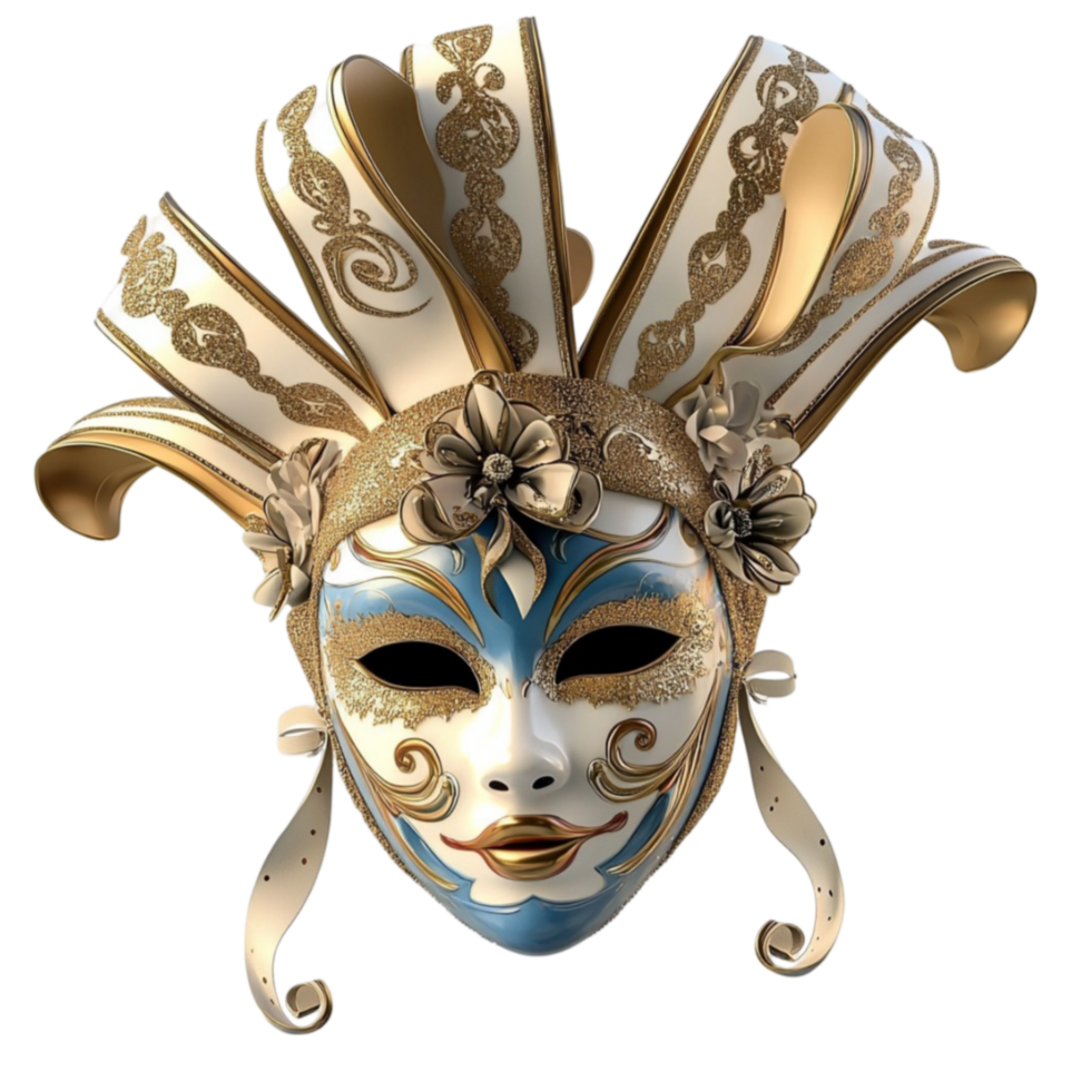 Venetian mask features intricate gold and blue designs png