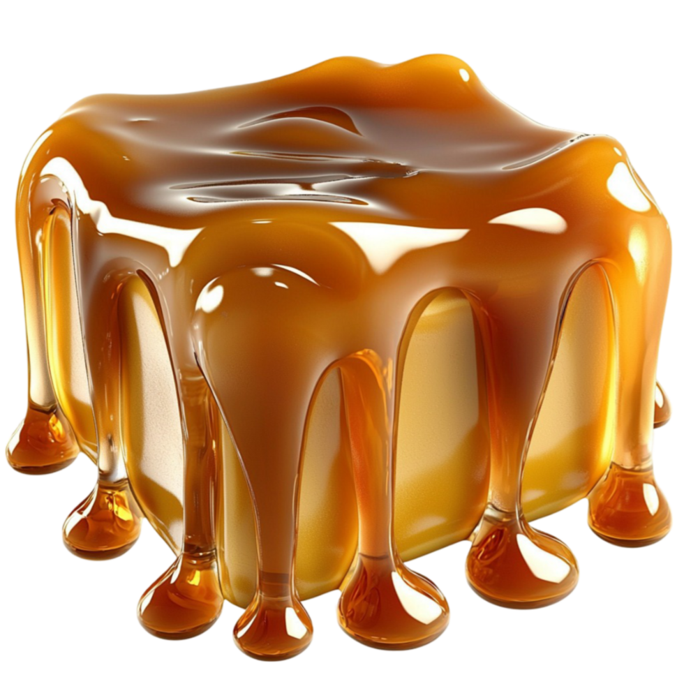 Caramel flan glistens with a golden syrup topping png