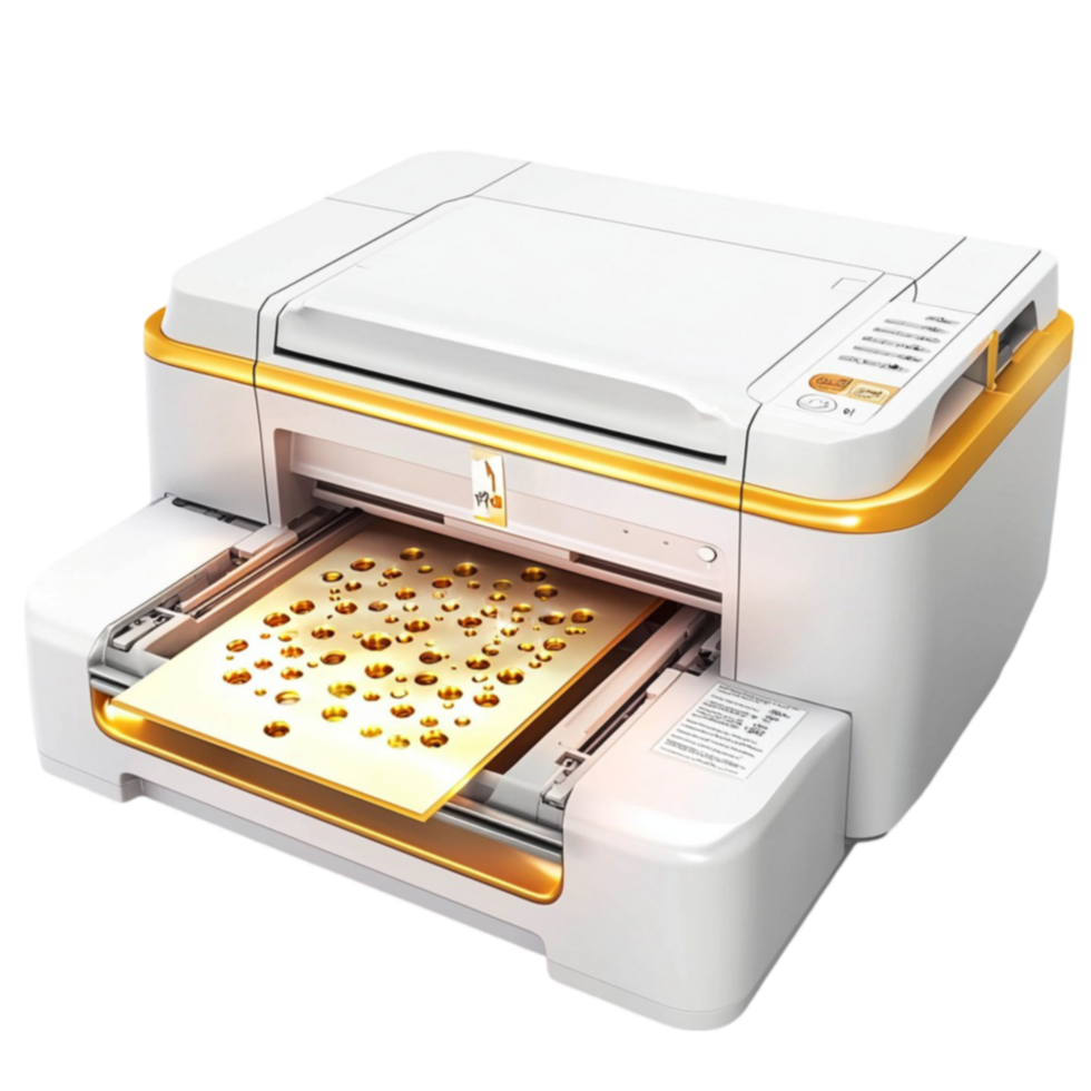 Printer hums efficiently with sleek white and gold accents png