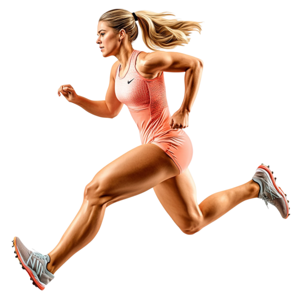 Woman runs swiftly in a pink outfit with determination png