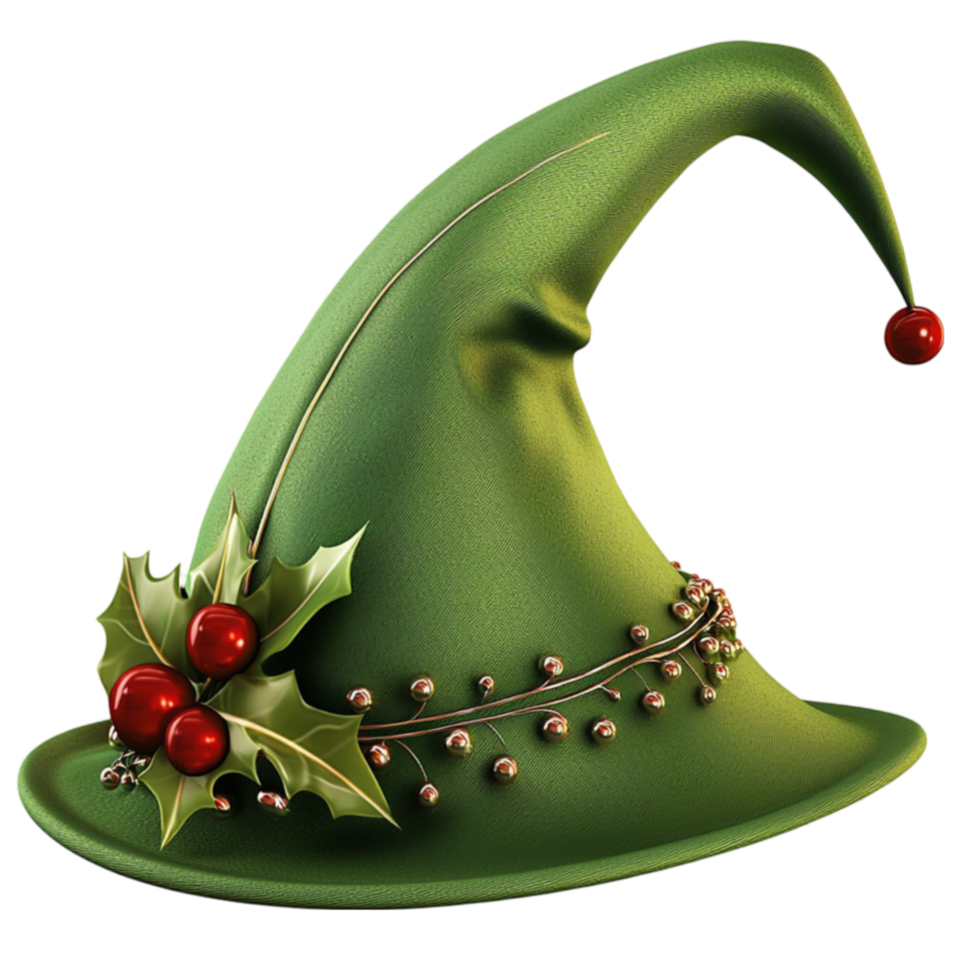 Green elf hat is adorned with red berries and a bell png