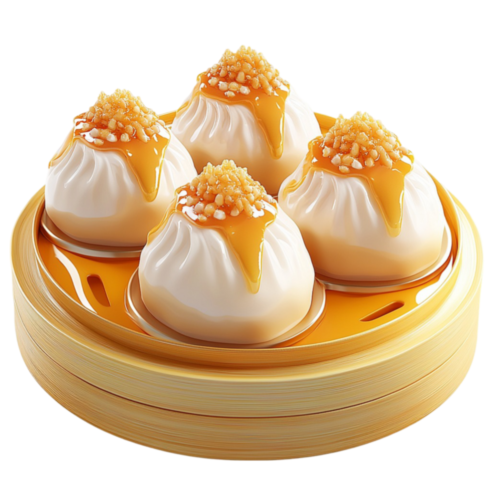 Steamed buns sit plump and glossy in a bamboo steamer png