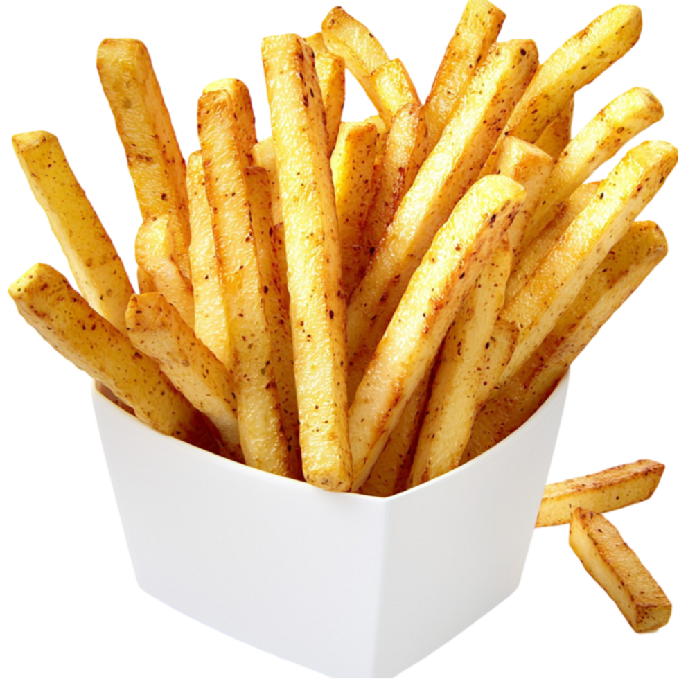 French fries pile high in a white paper container png