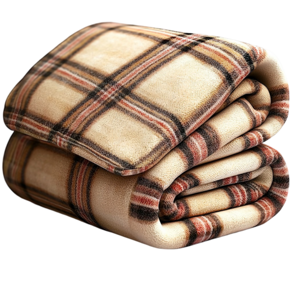 Plaid blanket folds neatly with warm brown and beige patterns png