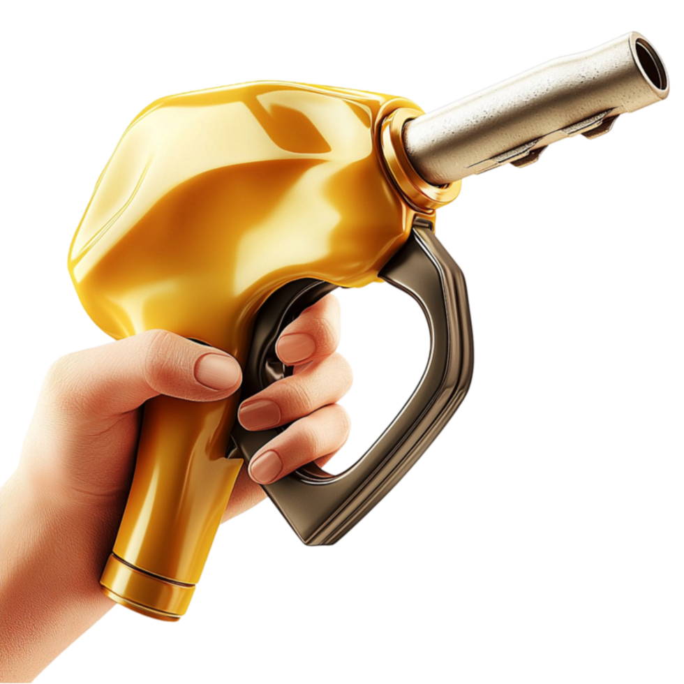 Hand gripping a golden fuel nozzle with a curved metal spout looks industrial and polished png