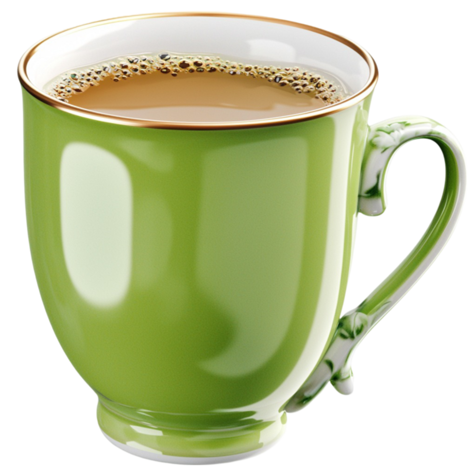 Green ceramic cup filled with hot tea with a golden rim and a curved handle looks warm and inviting png