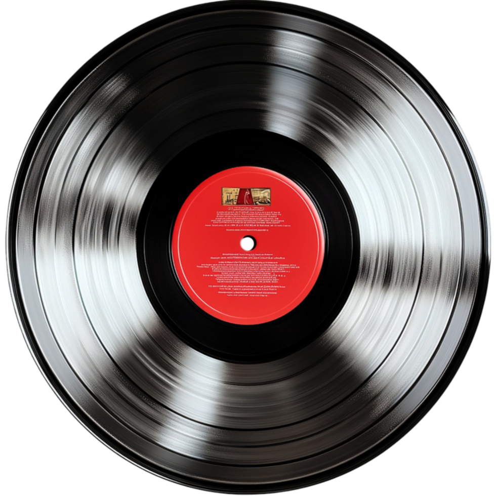 black vinyl record with a red label and shiny grooves looks vintage and musical png