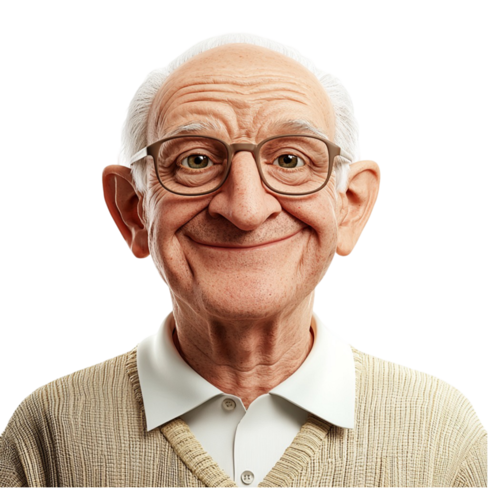 Elderly man with glasses a kind smile and a neatly buttoned shirt looks wise and friendly png