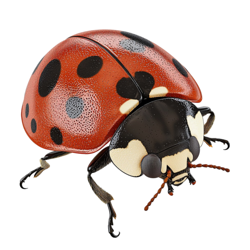 Red ladybug with black spots and detailed legs looks tiny and lifelike png