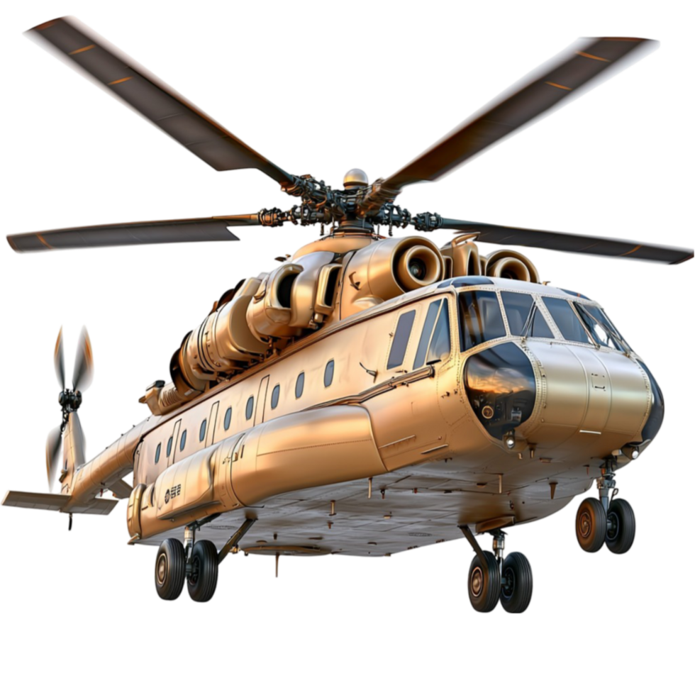 Large golden helicopter with rotating blades and intricate details looks powerful and png