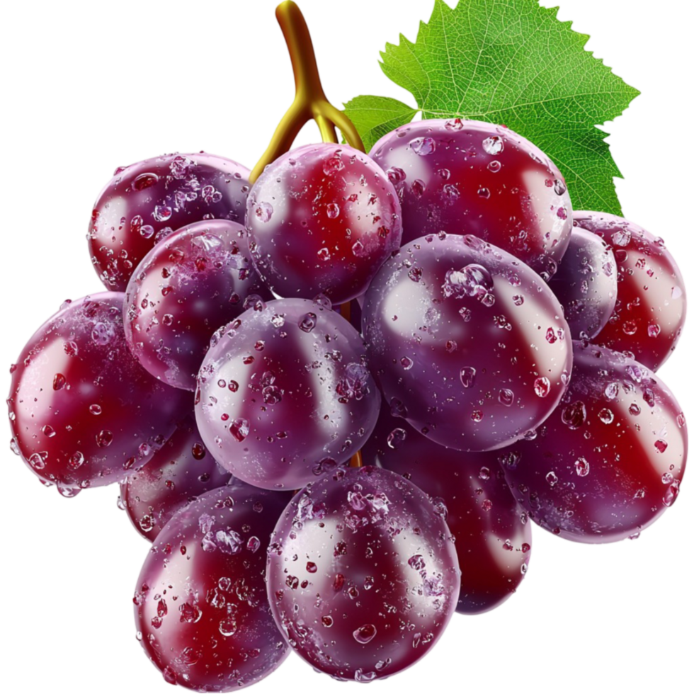 Shiny purple grapes with a green leaf attached to the stem look juicy and appetizing png