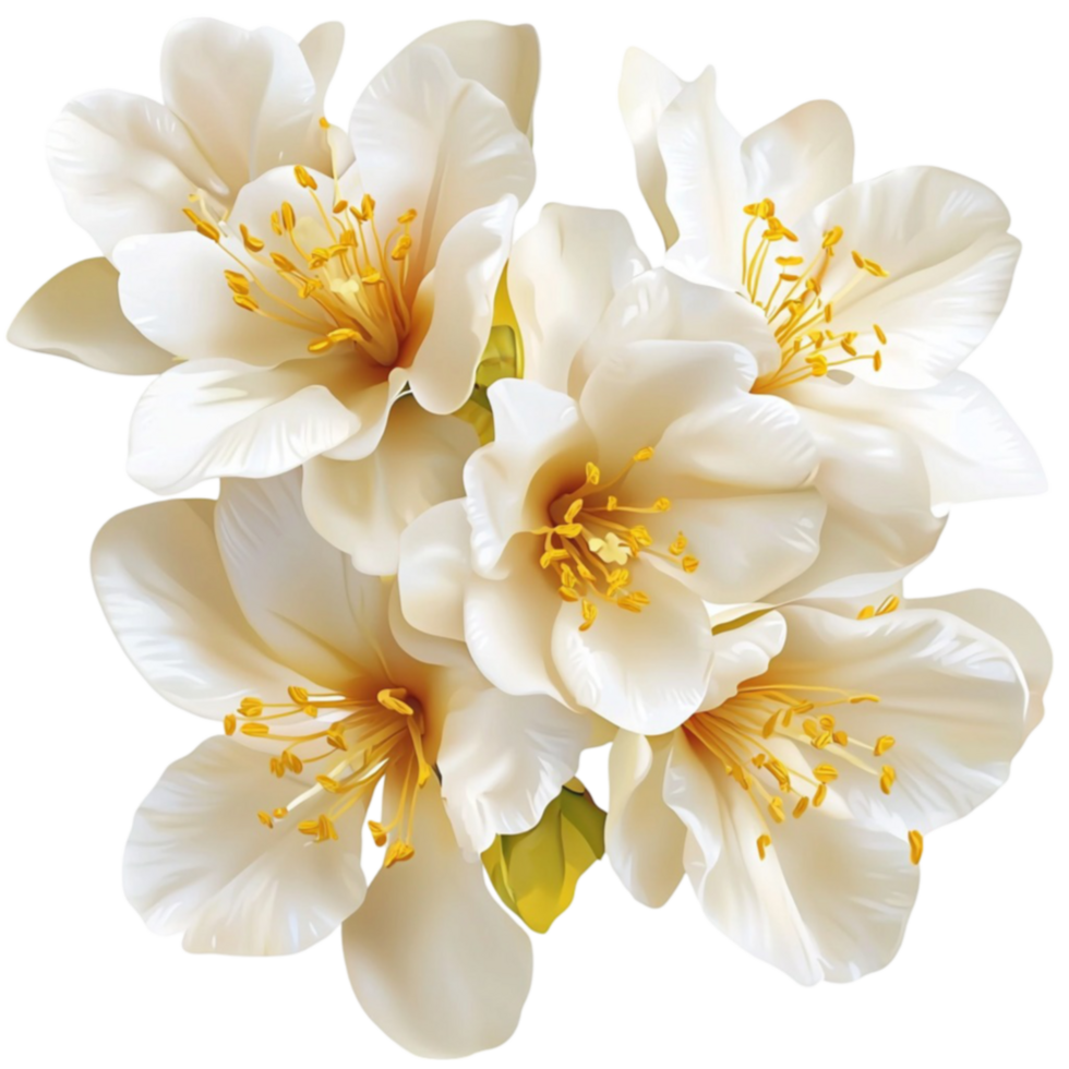 Delicate cluster of white jasmine flowers with yellow centers looks and fragrant png