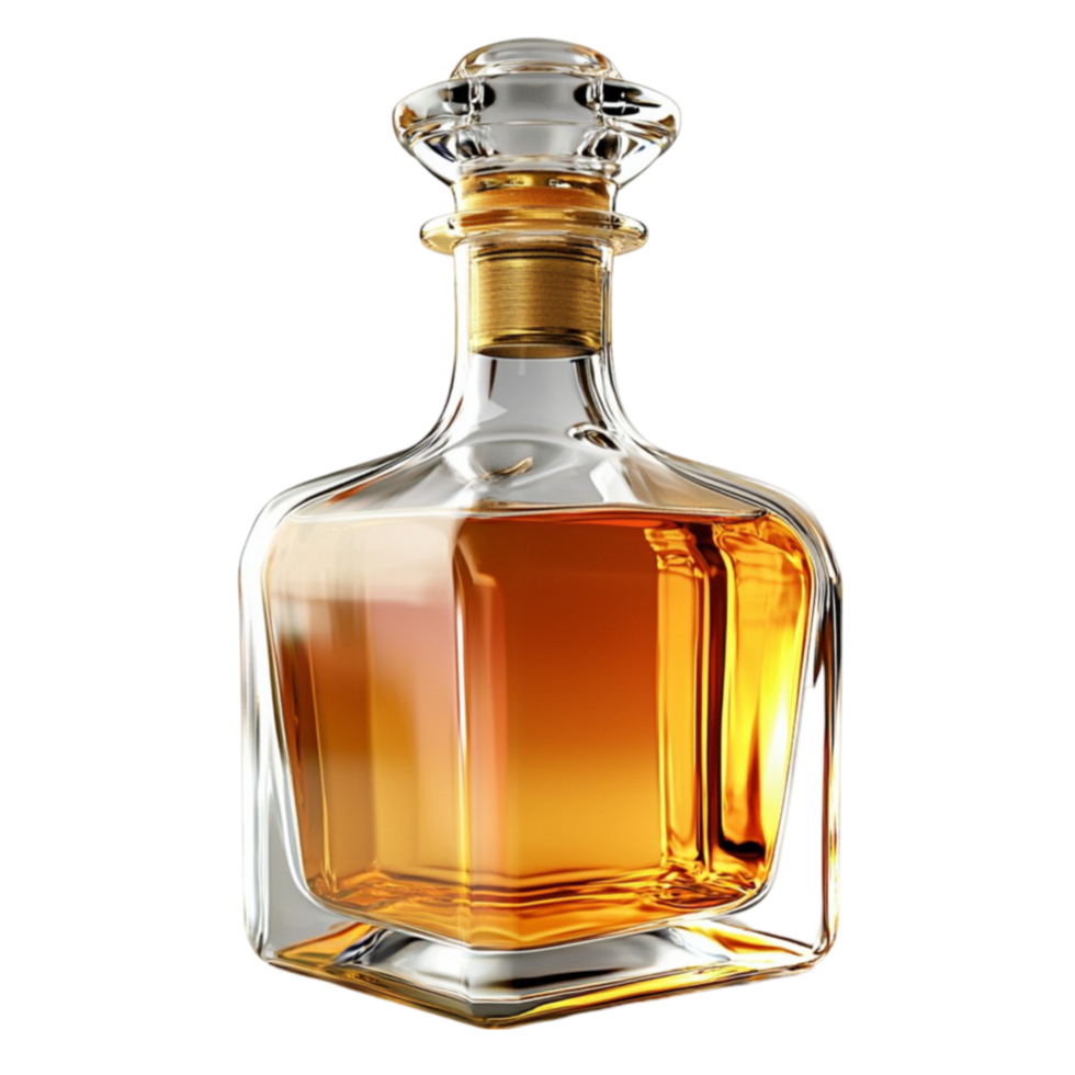 glass decanter filled with golden whiskey and a stopper looks and red png