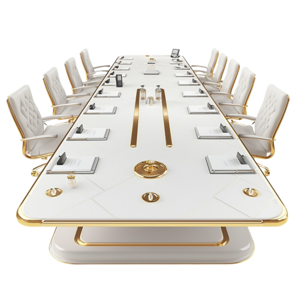 Luxurious white and gold conference table with chairs looks grand and professional png