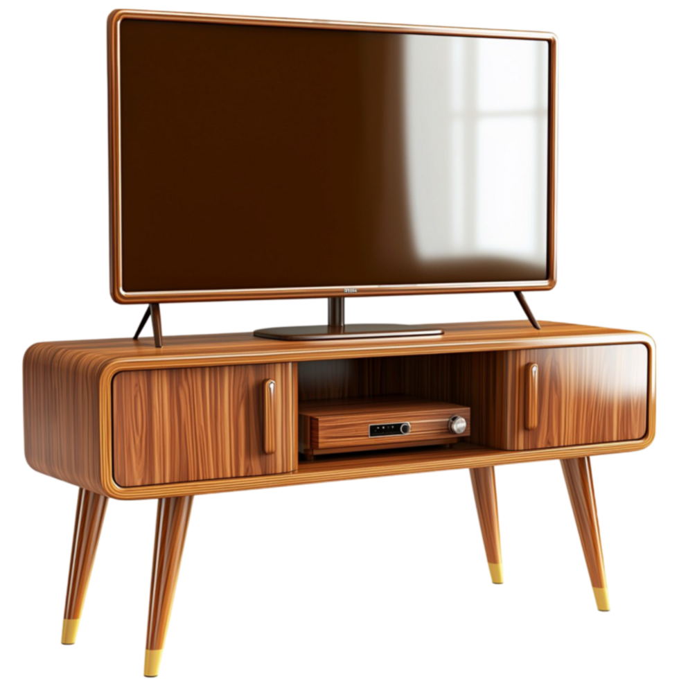 Wooden television stand with a large flatscreen TV looks and minimalistic png