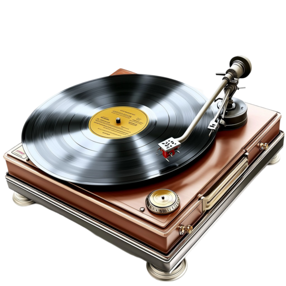 Wooden turntable with a spinning black vinyl record looks and musical png