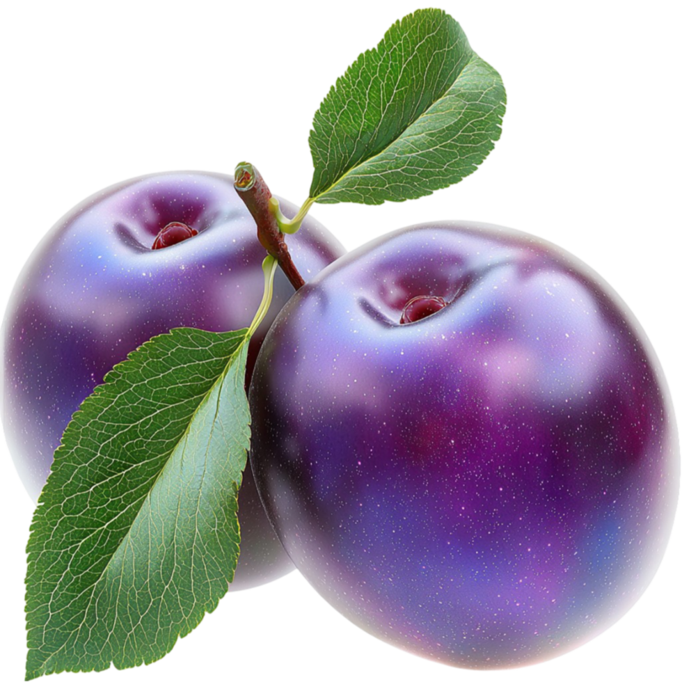 Two purple plums with green leaves attached look juicy and ripe png
