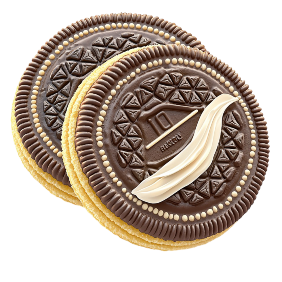 Chocolate sandwich cookies with a golden filling and embossed patterns look and png
