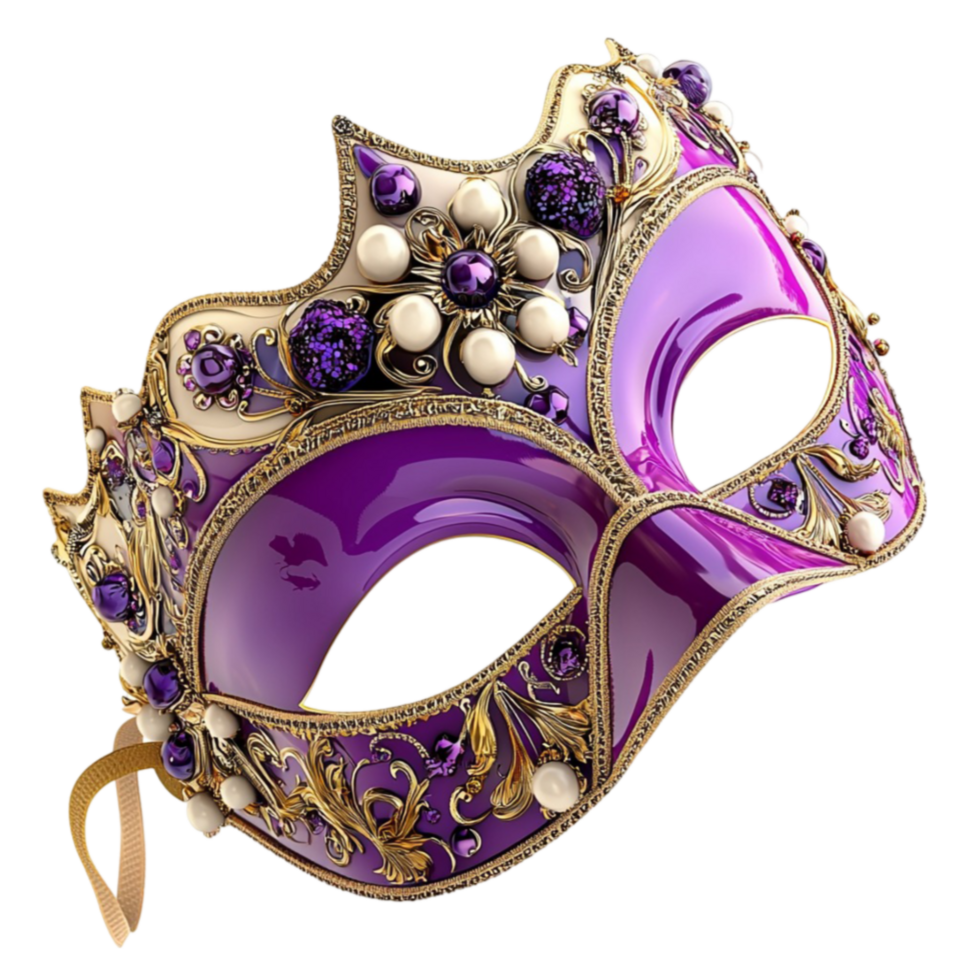 Ornate purple masquerade mask with golden details looks and mysterious png