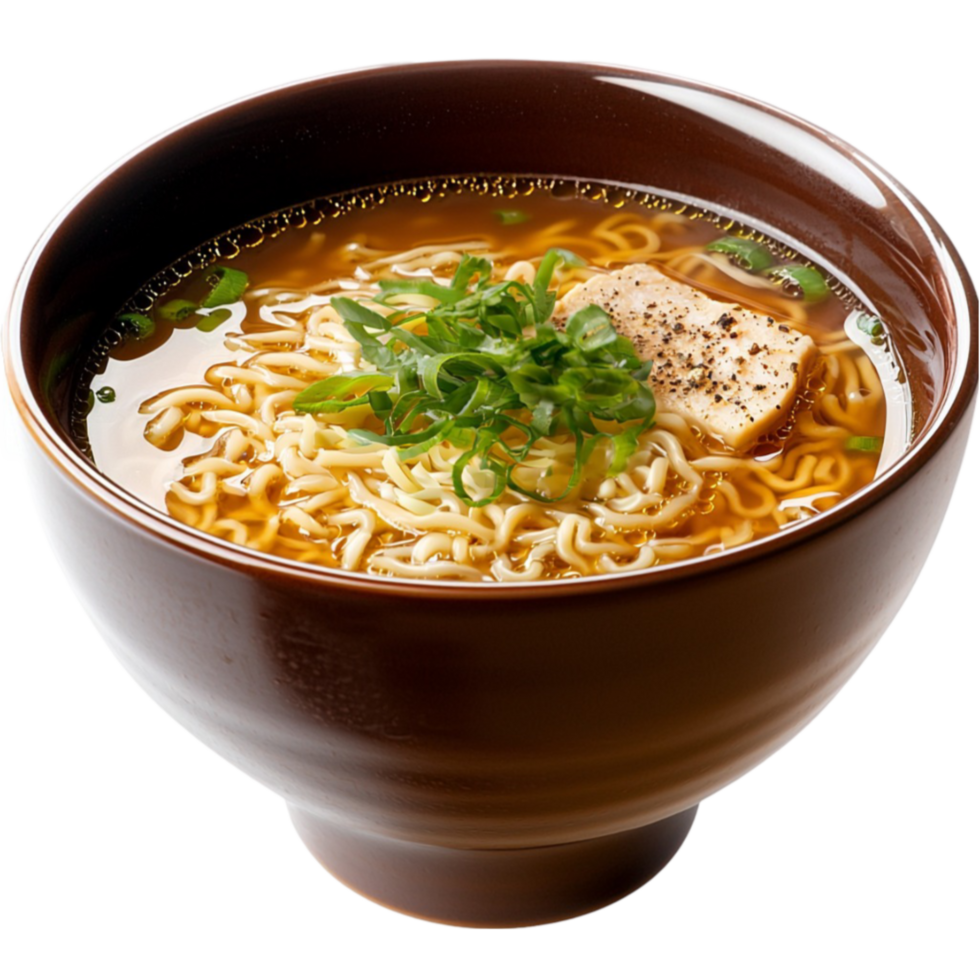 Steaming bowl of ramen with green onions and pork looks warm and png