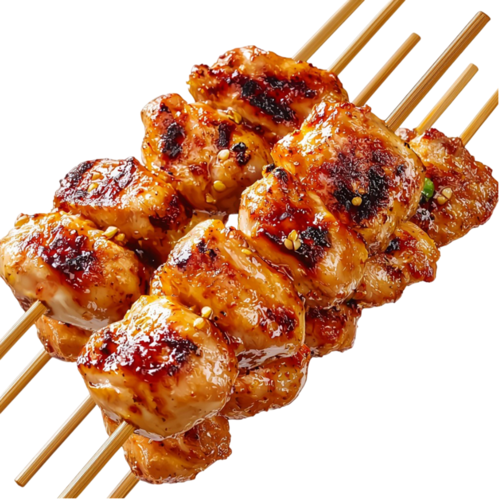 Juicy grilled chicken skewers with glaze look smoky and flavorful png