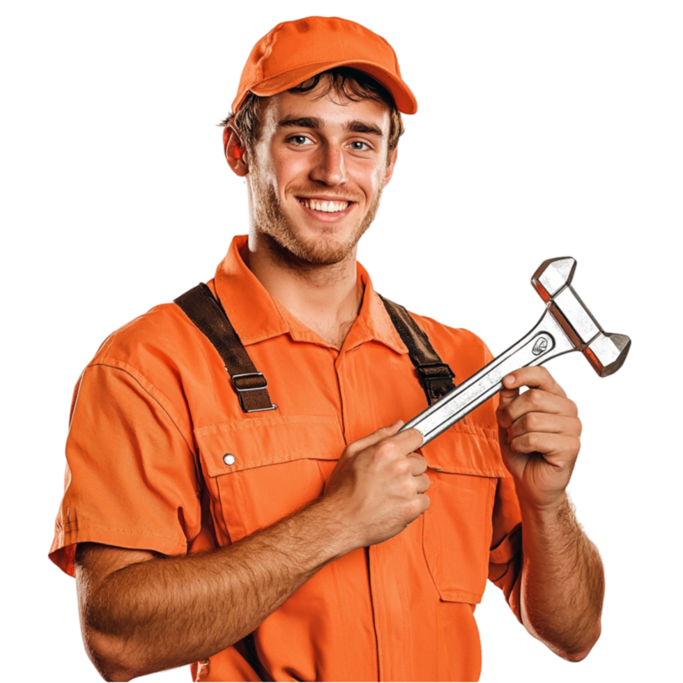 Friendly worker in an orange uniform holding tools looks ready for the job png