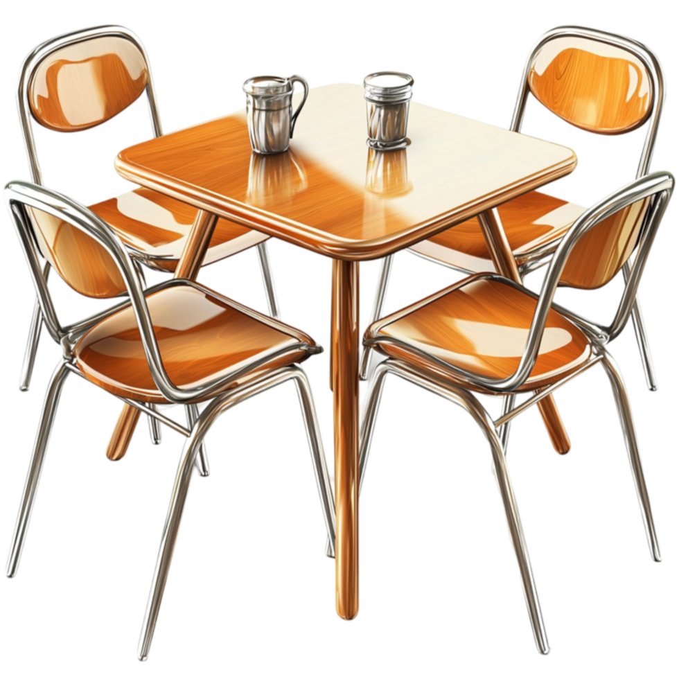 Retro orange dining table with chairs looks nostalgic and png