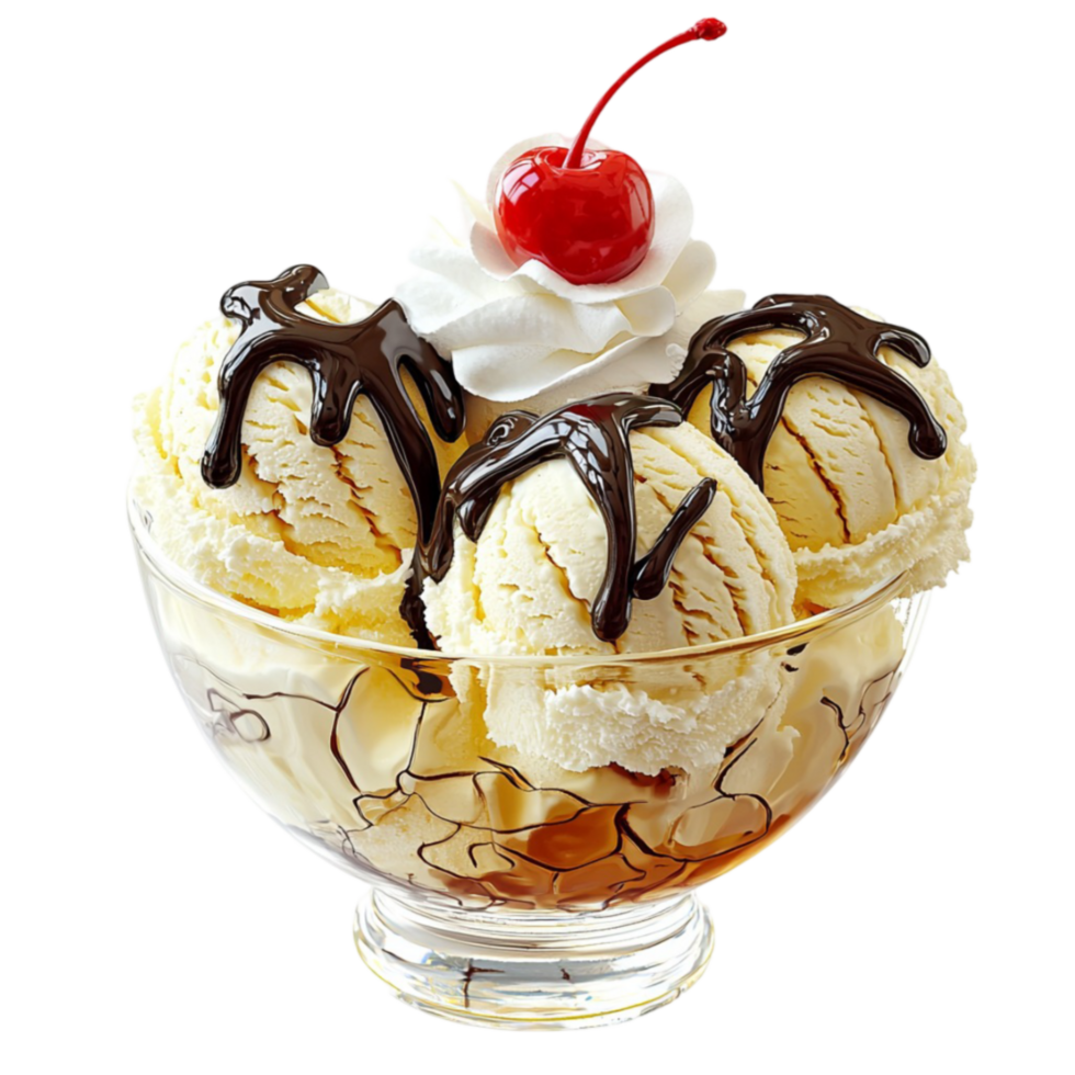 Ice cream sune is topped with whipped cream chocolate syrup and a cherry png