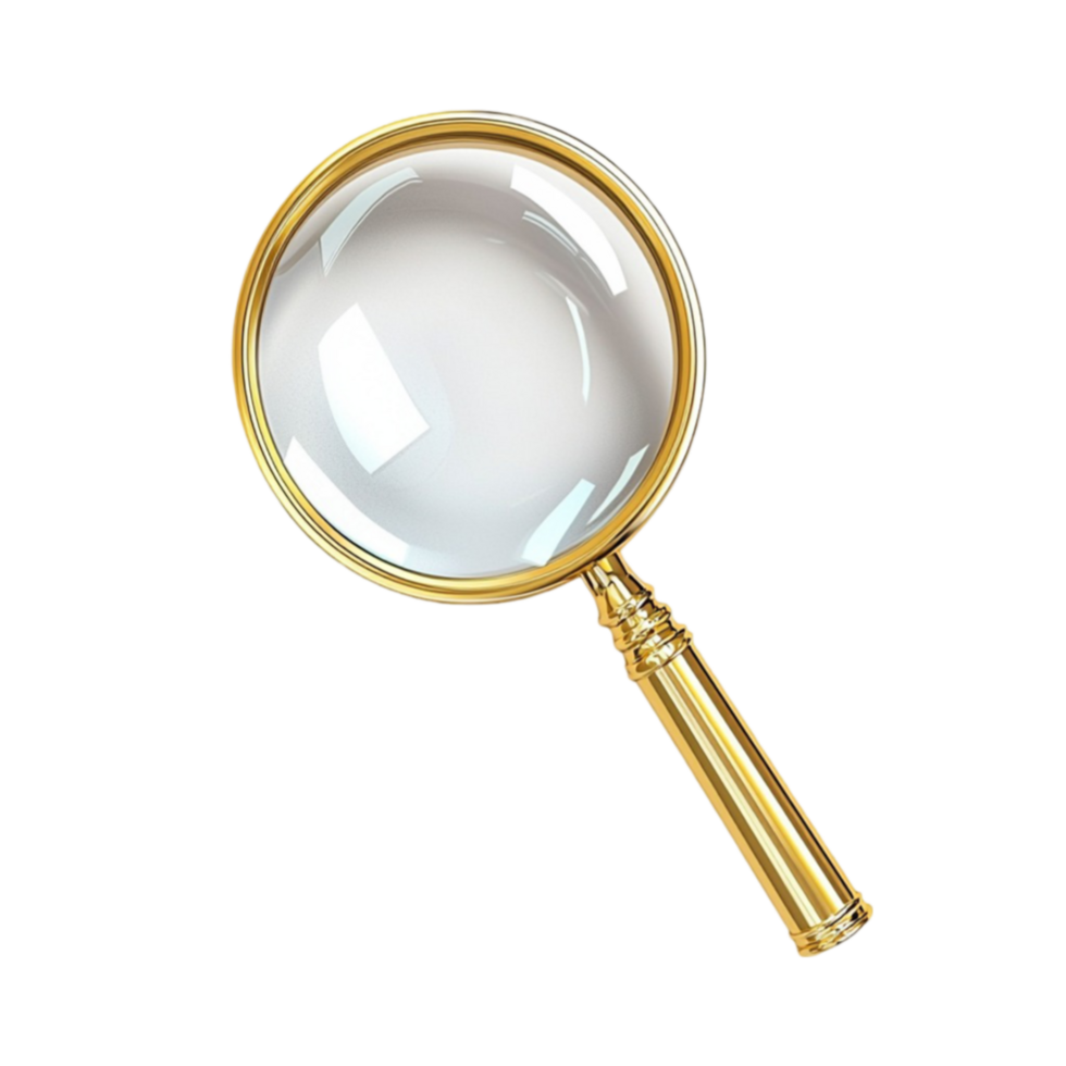 Magnifying glass enlarges details with a golden handle and clear lens png