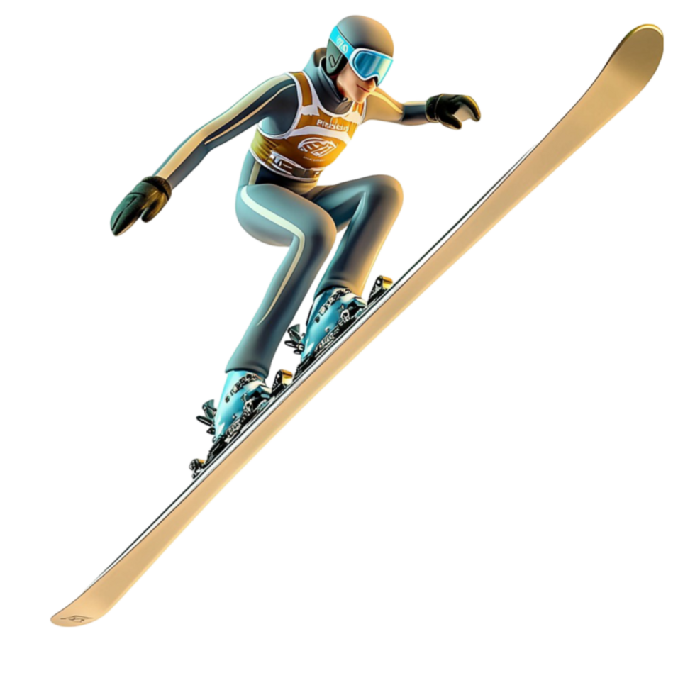 Skilled skier soars miir with a dynamic pose and blue suit png