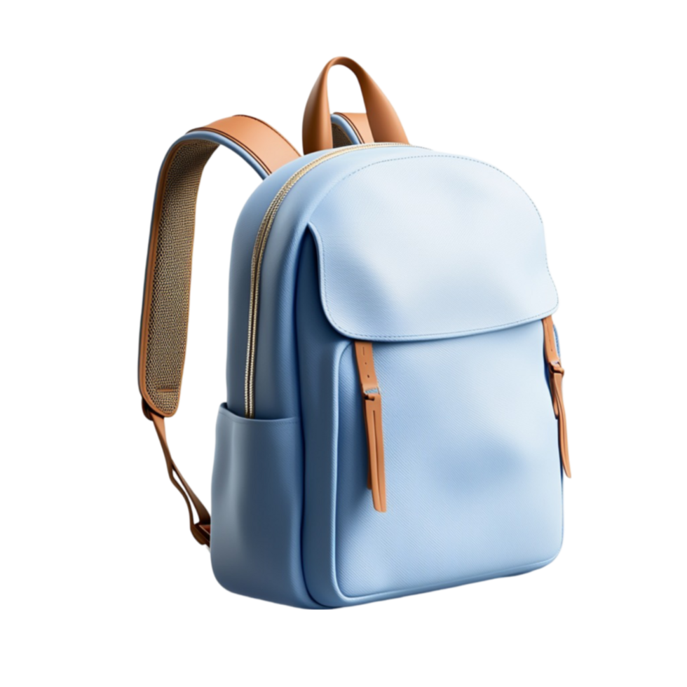 Light blue backpack stands upright with brown straps and multiple pockets png