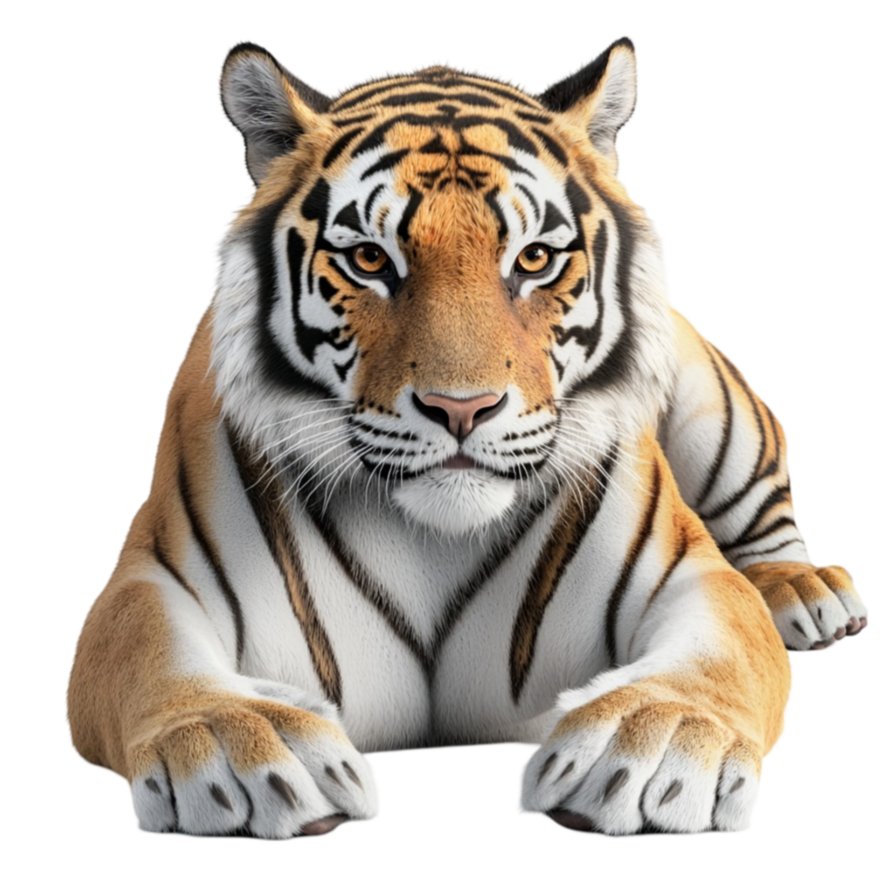 Majestic tiger lies with piercing eyes and powerful striped fur png