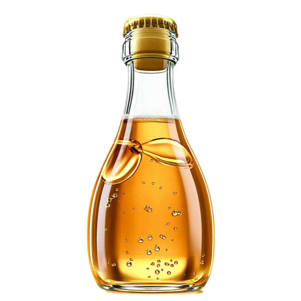 glass bottle holds golden honey with bubbles floating inside png