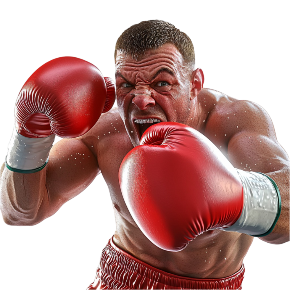 Boxer throws a powerful punch with red gloves and a fierce expression png