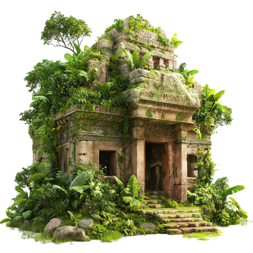 Ancient temple ruins stand covered in lush green vines and moss png