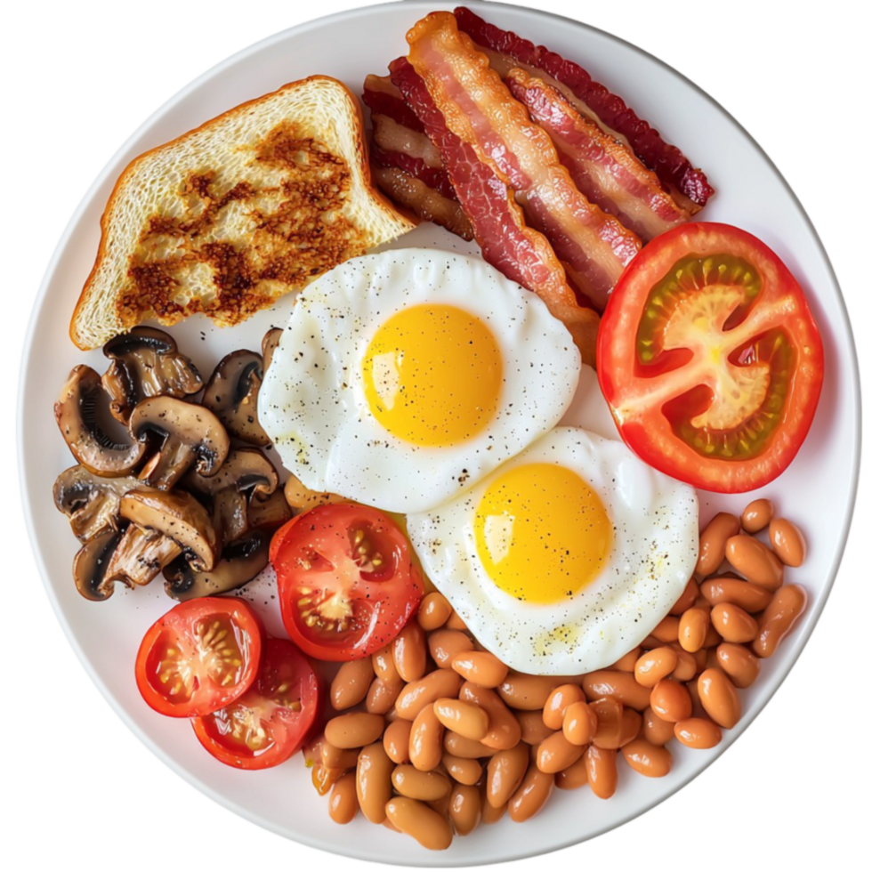 Full English breakfast is served with eggs bacon beans and toast png