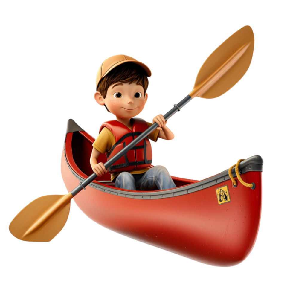 Young boy paddles a red canoe with a determined expression png