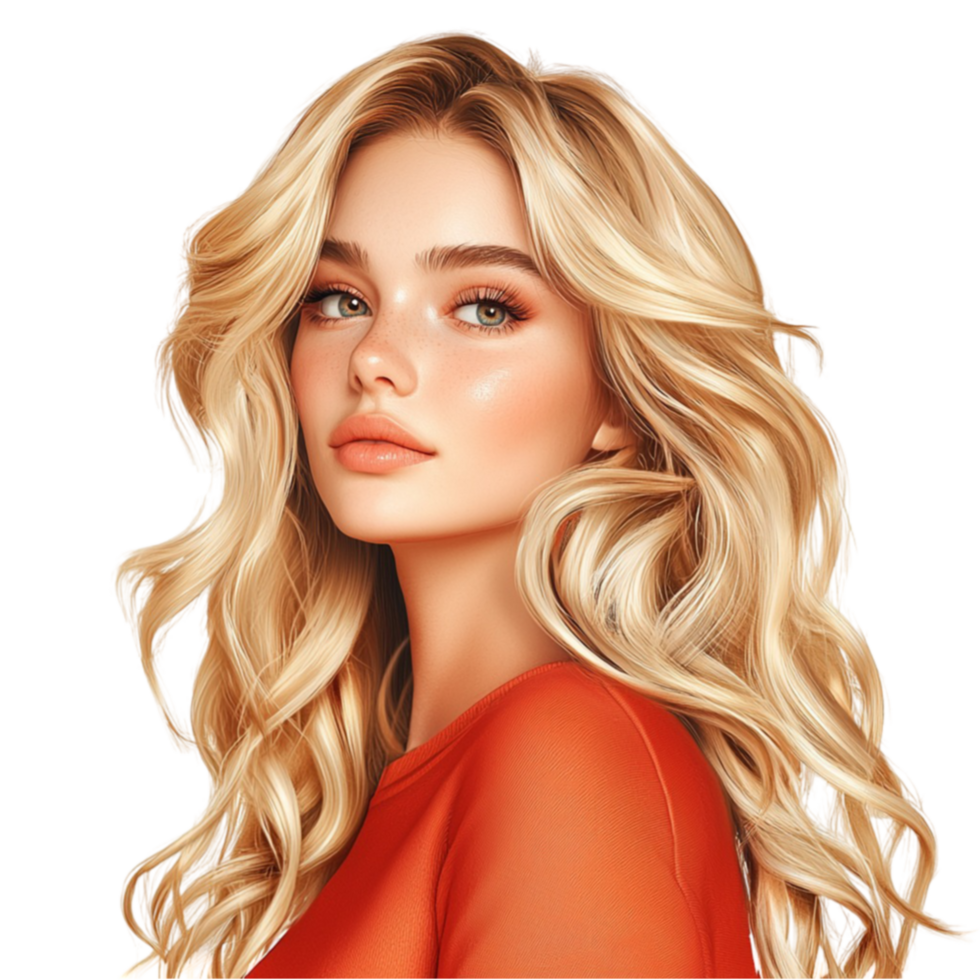 Beautiful blonde woman gazes confidently with flowing wavy hair png