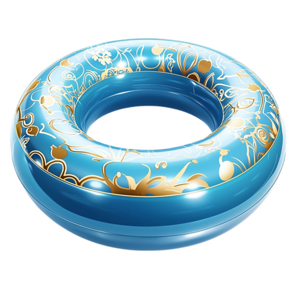 Inflatable blue swim ring floats with golden floral patterns decorating the surface png