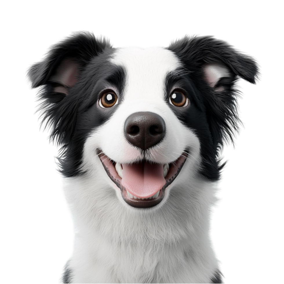 Happy black and white Border Collie smiles with eyes and perked ears png