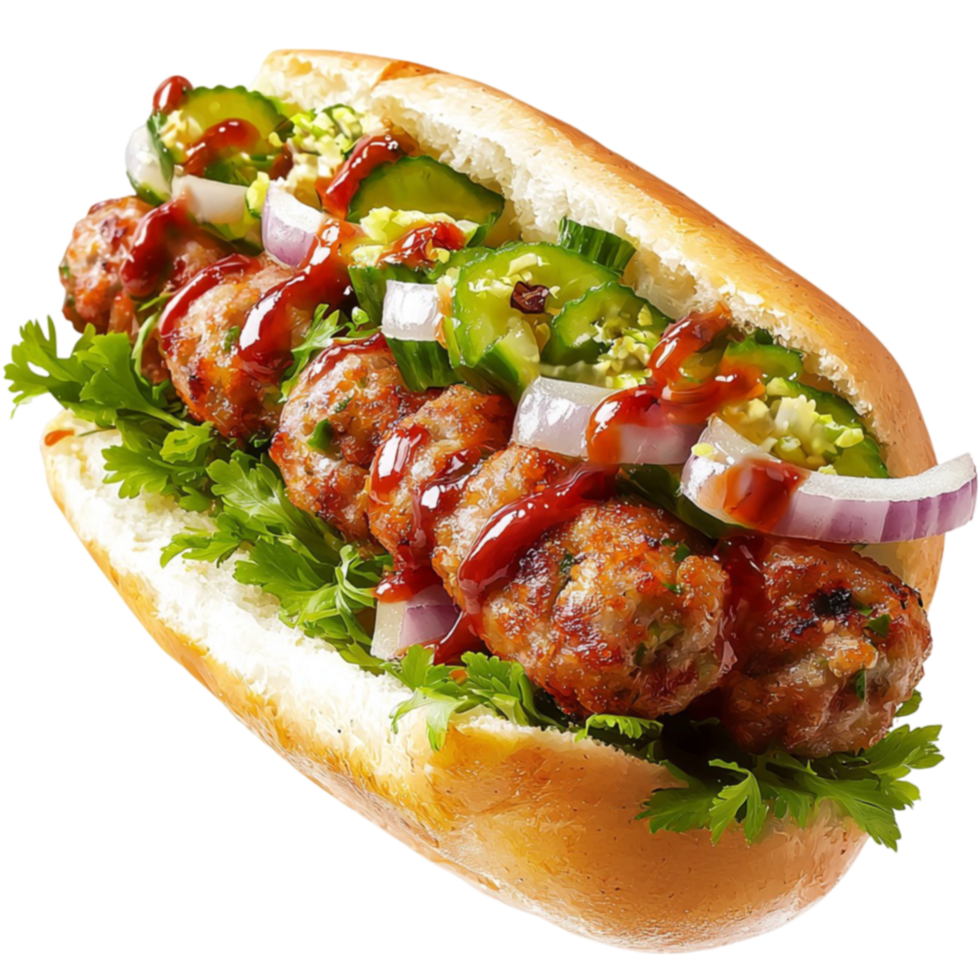 Meatball sub sandwich is loaded with herbs onions and sauce png