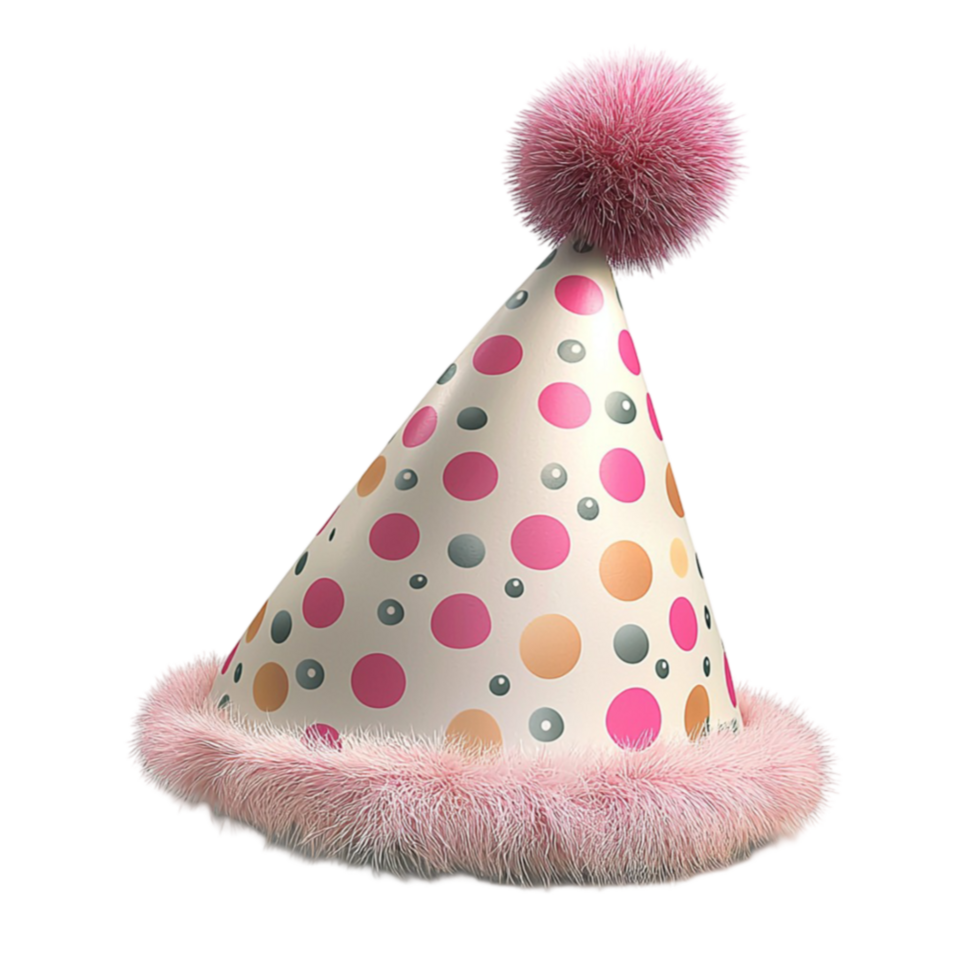 Festive party hat with pink polka dots has a fluffy pompom on top png