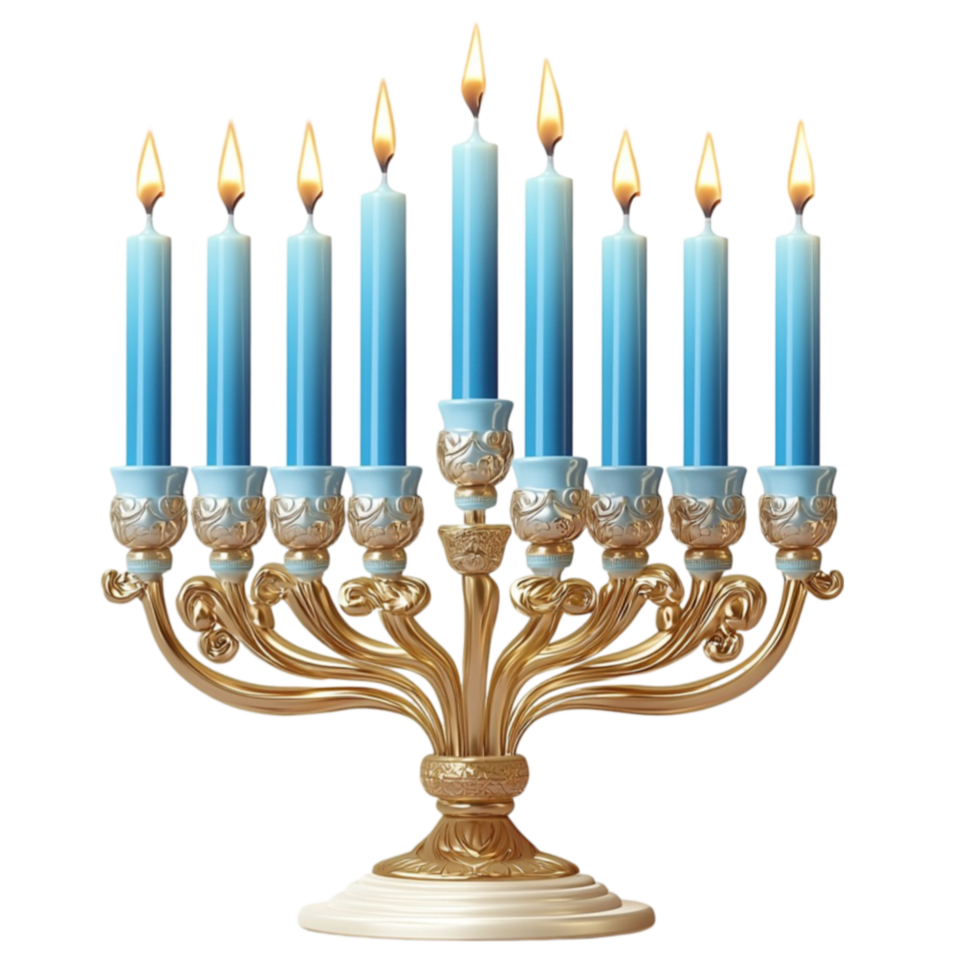 Golden menorah stands with nine blue candles glowing ly png