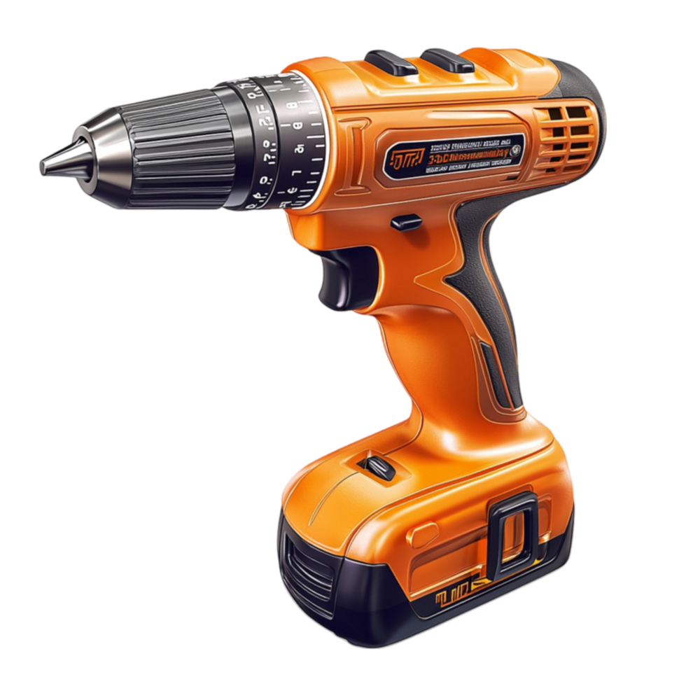 Powerful orange cordless drill has a black grip and a sharp drill bit png