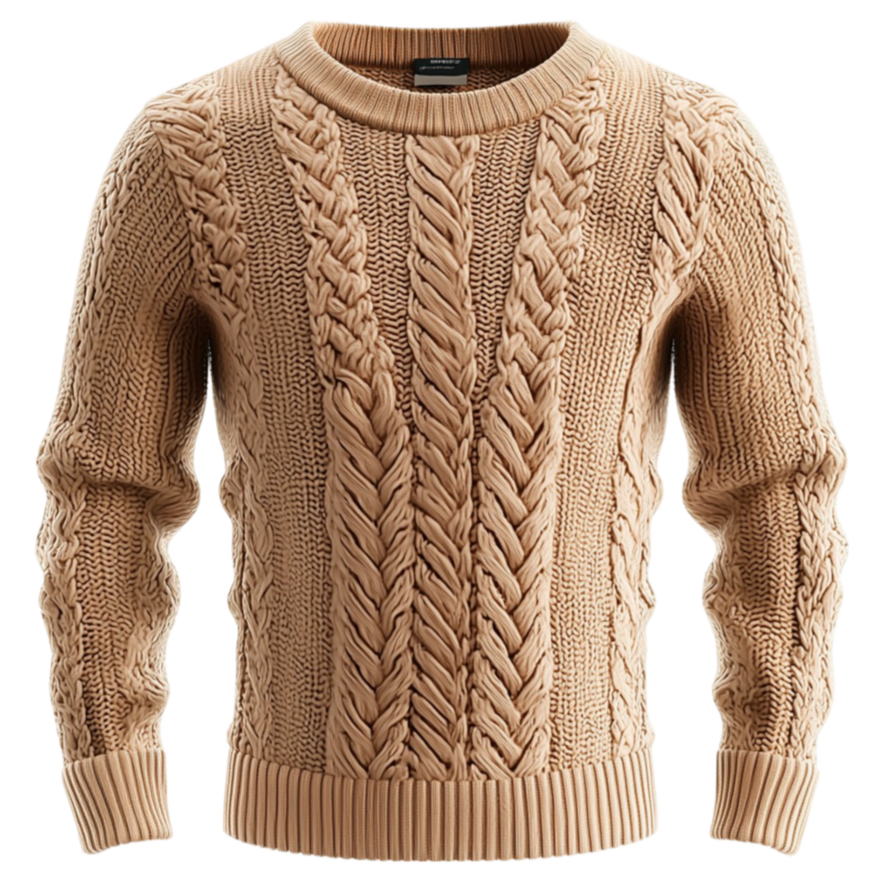 Cozy knitted sweater has a thick cable pattern and a warm beige color png